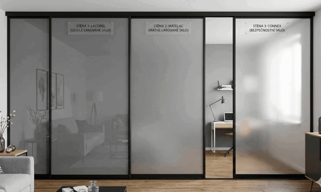 Porovnání výplní prosklených posuvných dveří - lacobel, matelac, connex